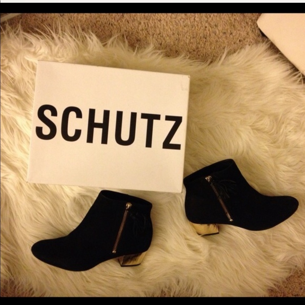 Suede Black Schutz Booties w/Gold Heel, Size 6.5